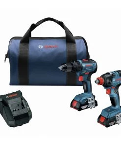 Factory Reconditioned Bosch GXL18V-240B22-RT 18V Brushless Lithium-Ion 1/2 In. Hammer Drill Driver And 1/4 In. And 1/2 In. 2-in-1 Bit/Socket Impact Driver Combo Kit With 2 Batteries (2 Ah)